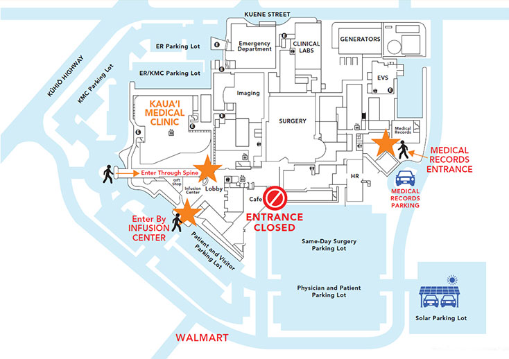 map showing alternate routes into various parts of Wilcox Medical Center.