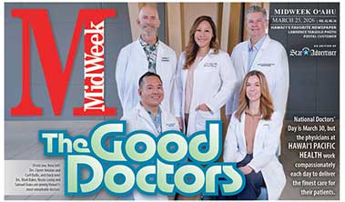 Cover of MidWeek with The Good Doctors headline and 5 HPH doctors in white coats.