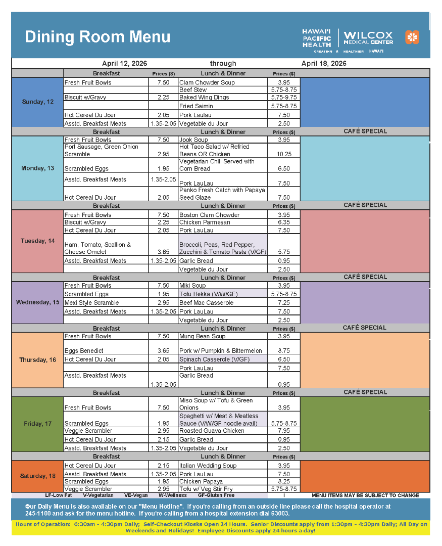 Wilcox Cafe Menu Week of April 12