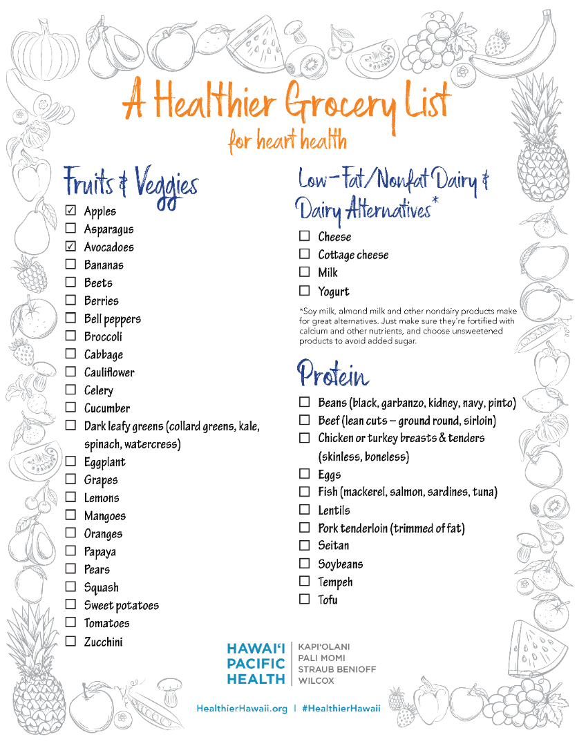 Download this list and use as a guide for your next trip to the grocery store. Don’t feel like you have to check off every item – pick and choose the foods that fit your preferences, and feel free to experiment with new, healthy choices!