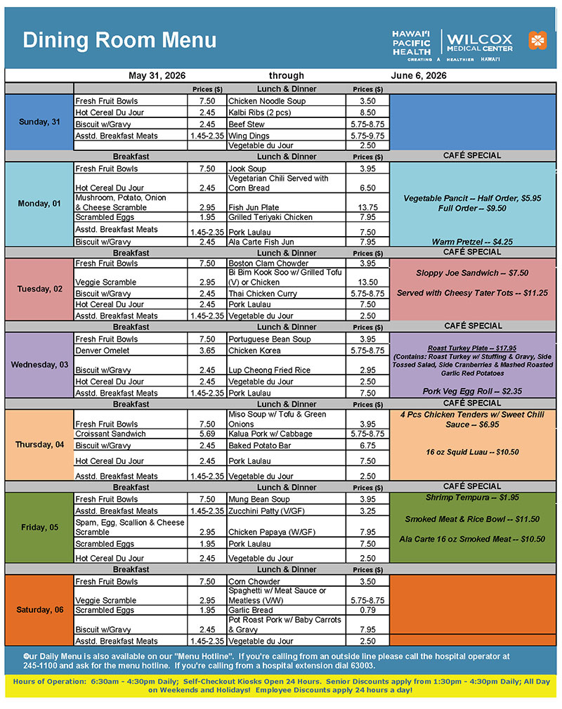 Wilcox menu.