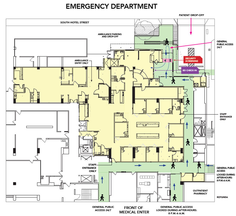 Map showing entrances to Emergency Department.
