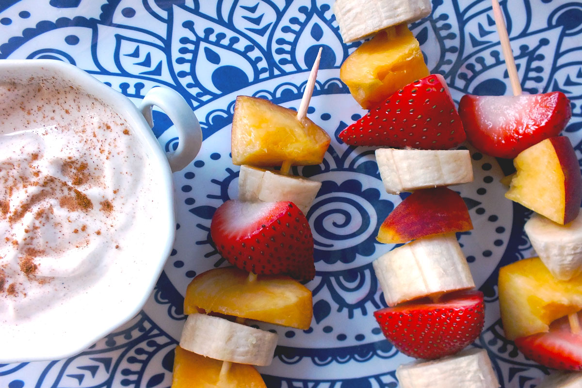 Fresh Fruit Kebabs with Maple Cinnamon Yogurt Dip