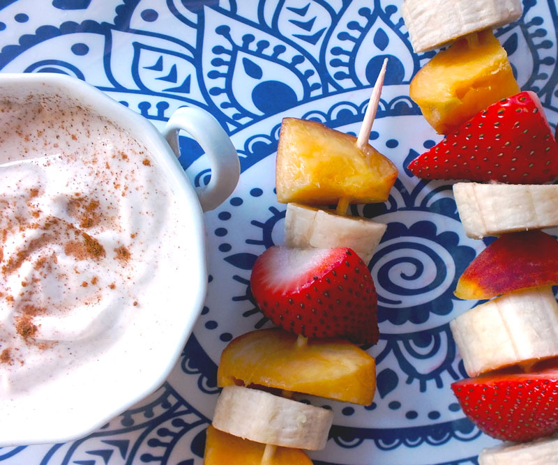 Fresh Fruit Kebabs with Maple Cinnamon Yogurt Dip