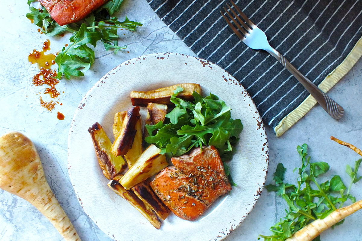 Ginger-Glazed Salmon & Roasted Parsnip Chips