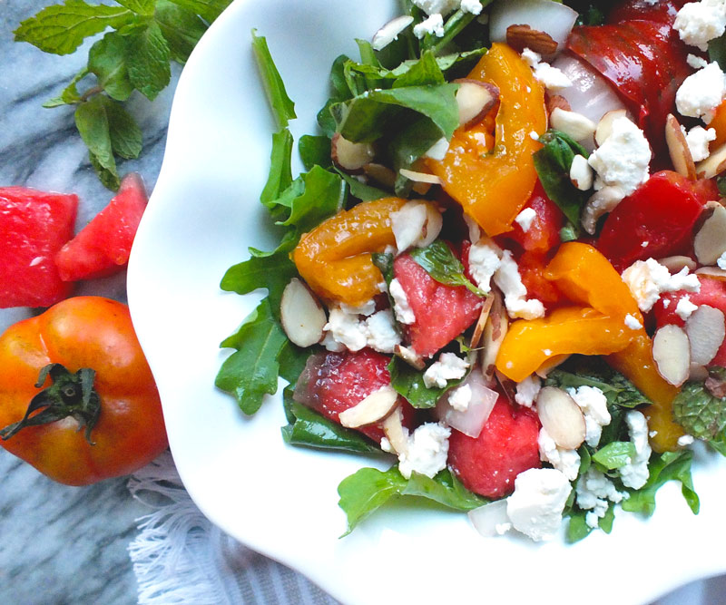 Watermelon, Tomato & Feta Salad in bowl