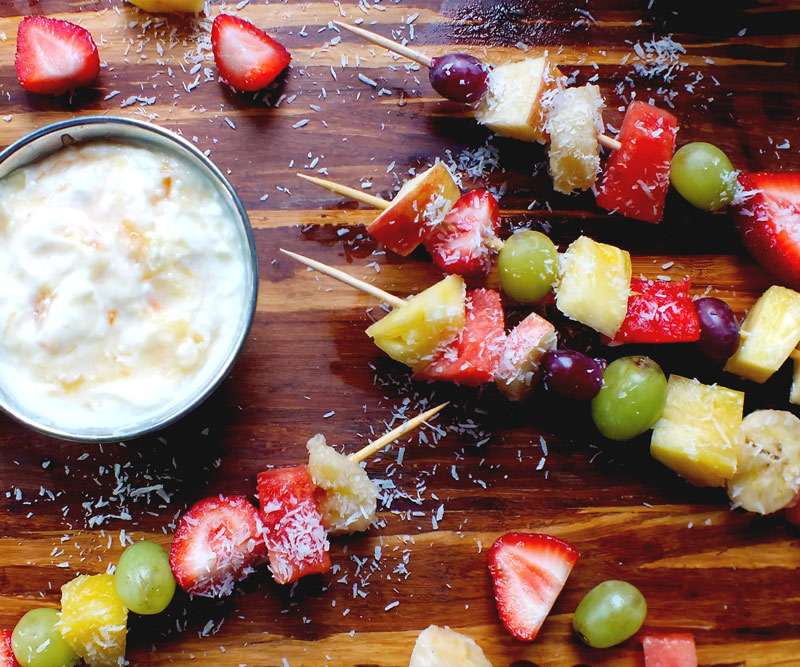 Fresh Fruit Kebabs with Coconut Yogurt Dip