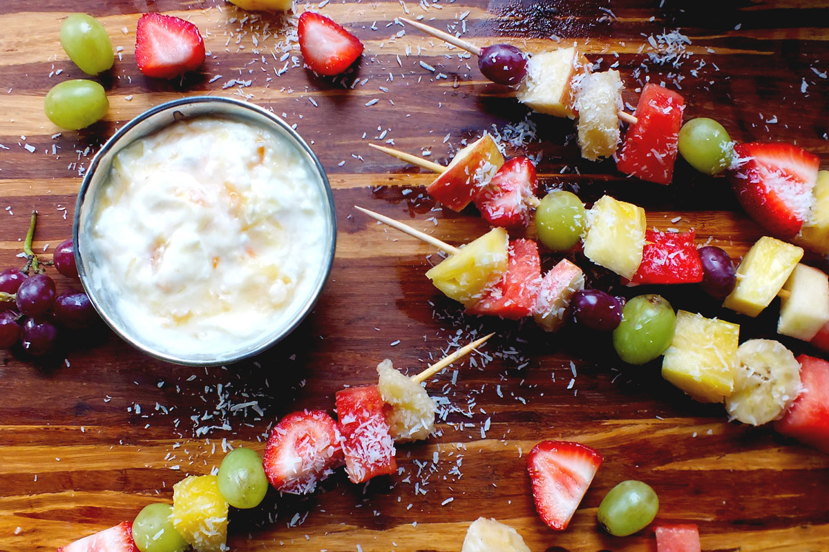 Fresh Fruit Kebabs with Coconut Yogurt Dip