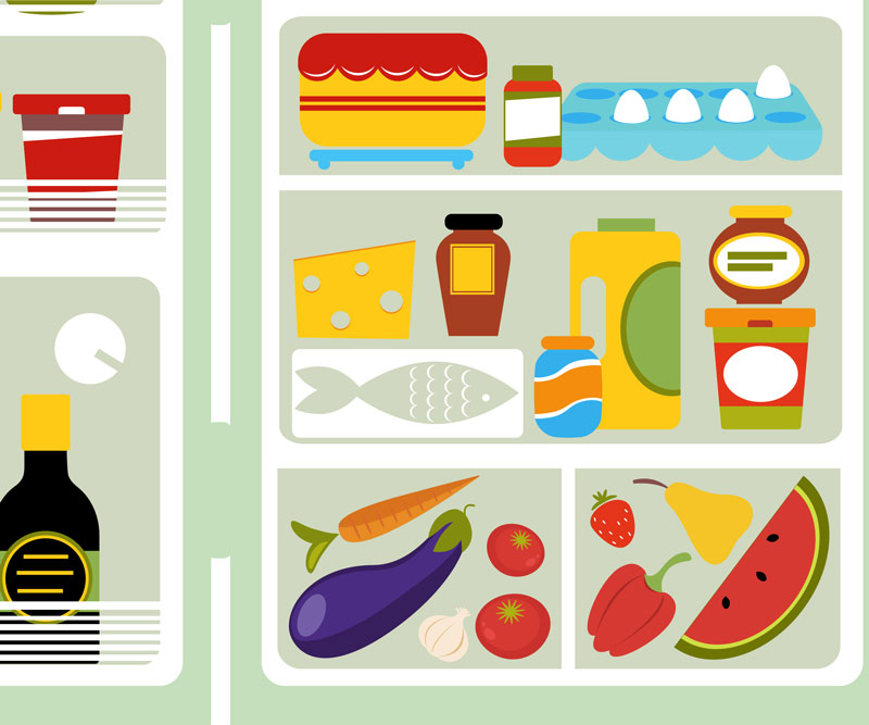 an illustration of food inside a refrigerator