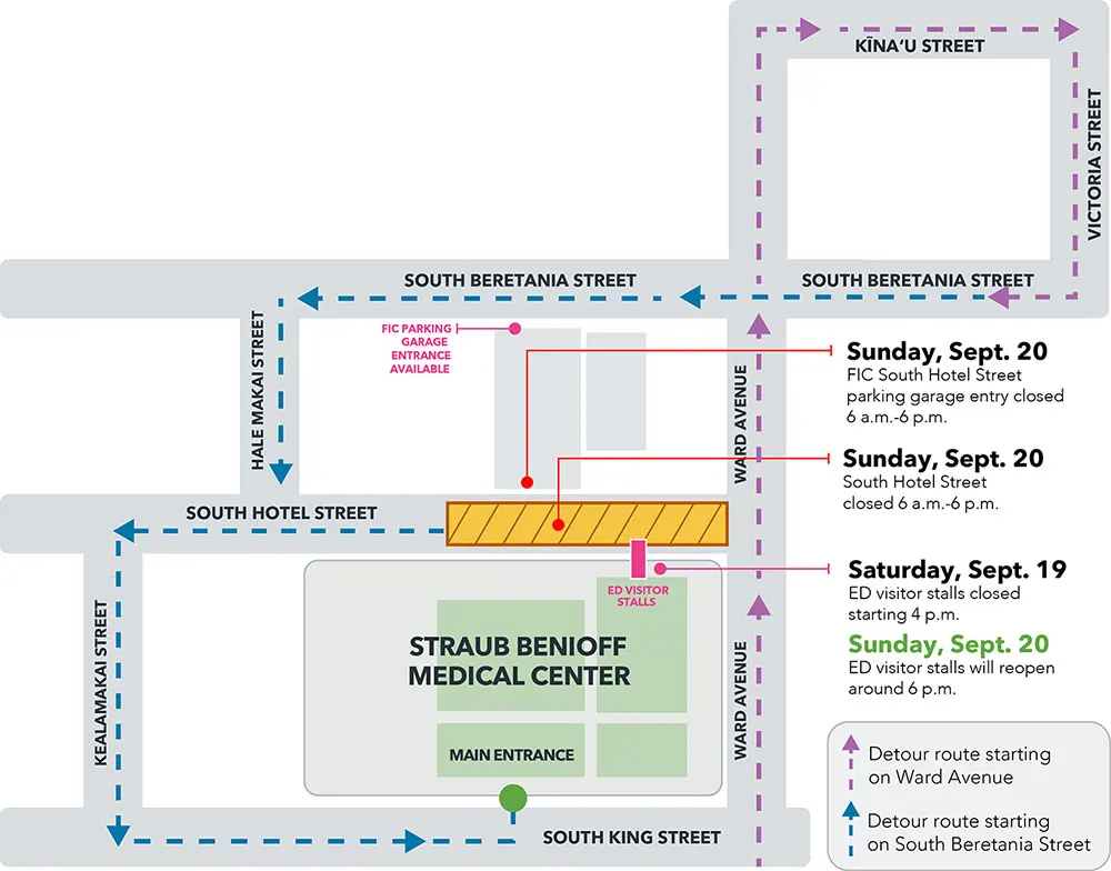 Map showing alternate routes into Straub Benioff Medical Center during construction Sept. 19-20, 2026.