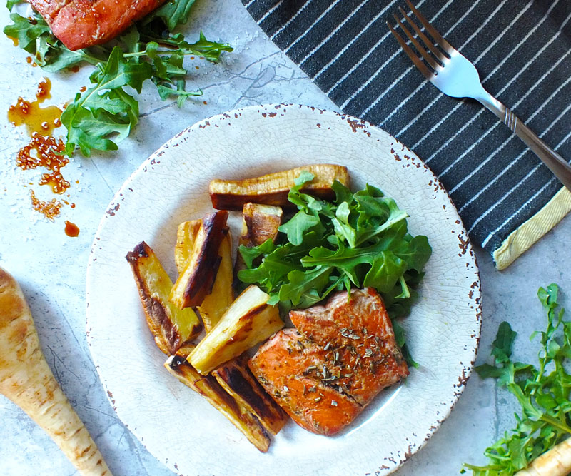 Ginger-Glazed Salmon & Roasted Parsnip Chips