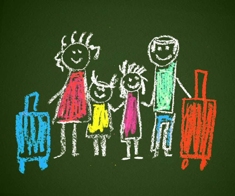 hand drawn family with suitcases done with crayons
