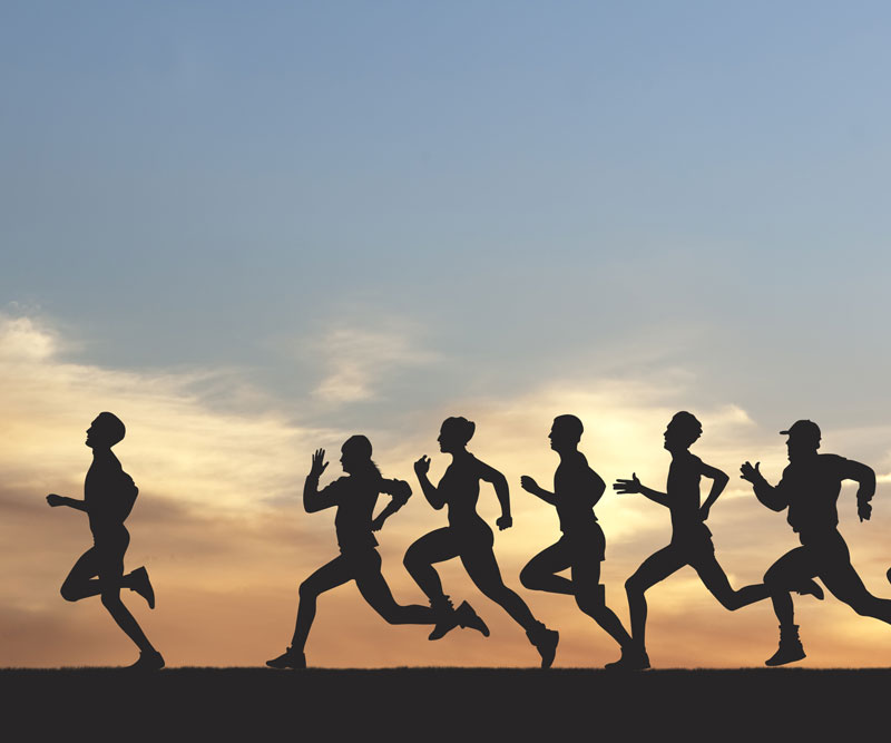 group of people running in a line