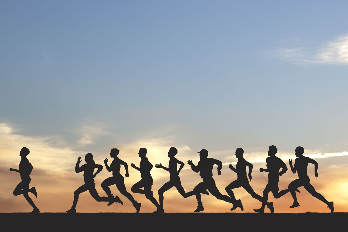 group of people running in a line