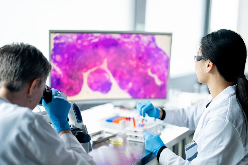 Medical researchers in white coats in a lab setting looking at magnified cells.