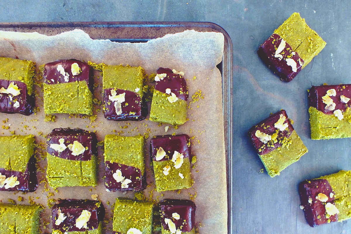 Chocolate-Dipped Whole-Wheat Matcha Shortbread Cookies