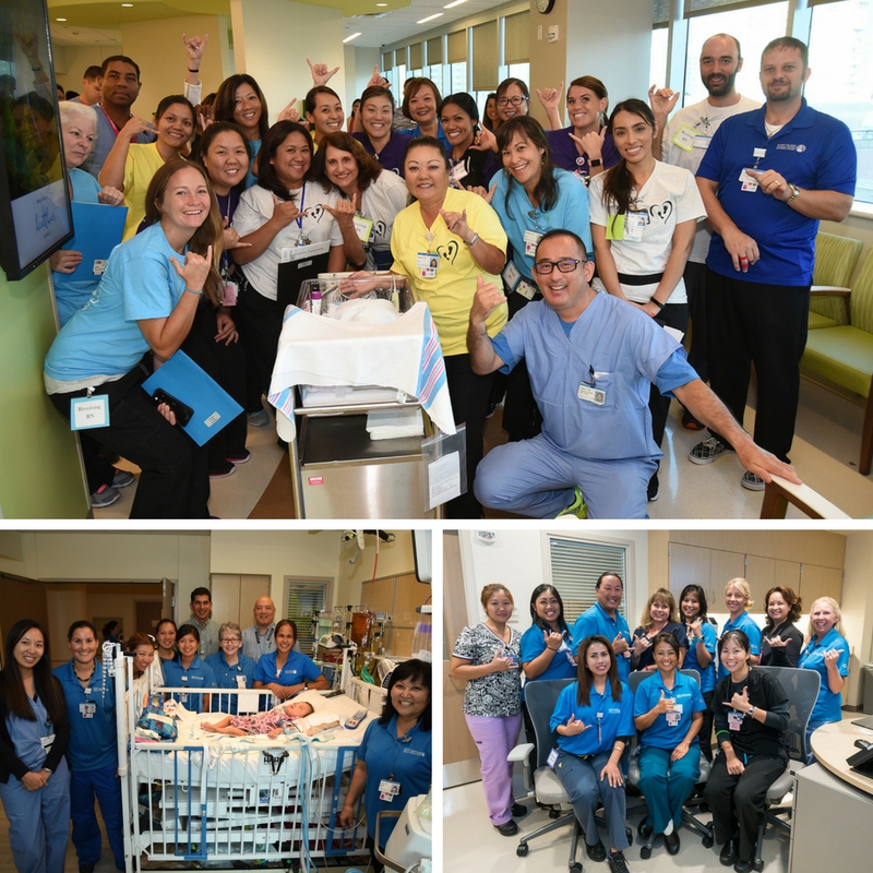 three different photos together all with groups of intensive care professionals posing for a photo