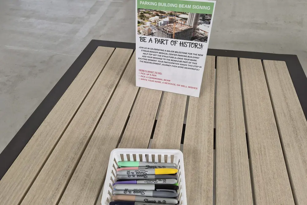 A parking building beam-signing sign and markers arranged on a table.