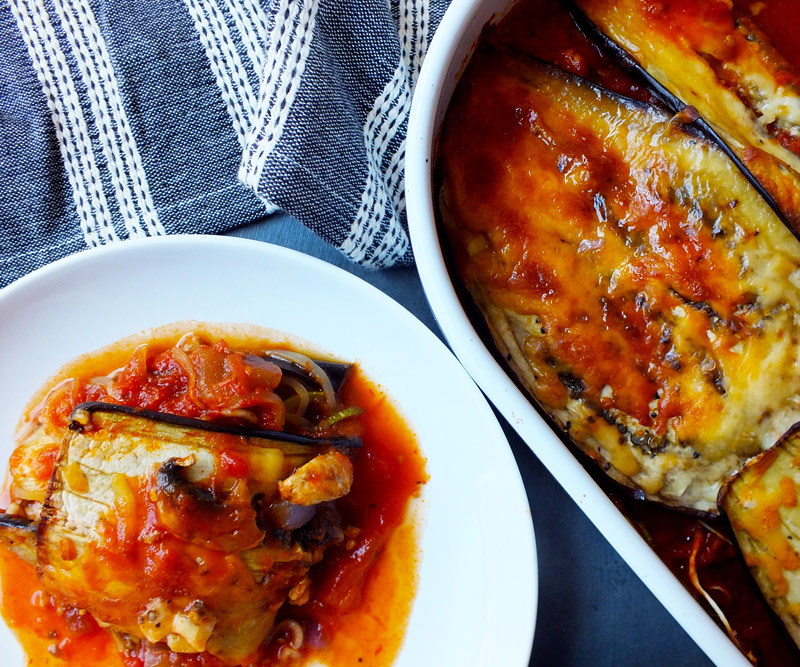 Baked Eggplant with Zucchini Spaghettini in bowl