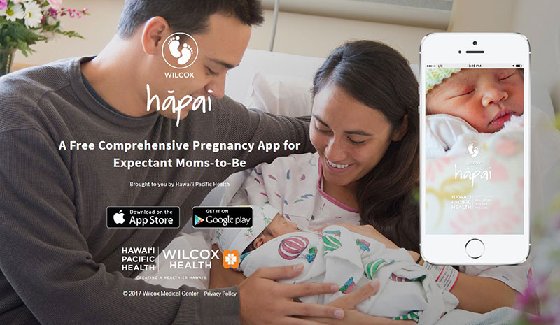 Photo of the Hapai app launch screen. Includes a screenshot of the app and a couple with a new born baby.