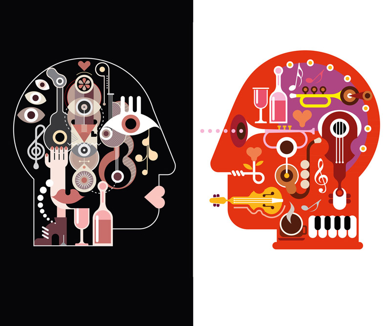 illustrations of a human head including musical instruments