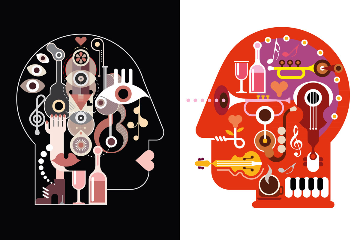 illustrations of a human head including musical instruments