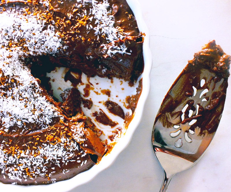 Chocolate Pudding Pie with Toasted Coconut Flakes