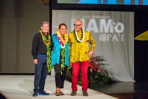 Six weeks after having a double mastectomy, Vicky was back at work emceeing the annual MAMo fashion show. She is seen here with co-host Robert Cazimero (right) and hula master Michael Pili Pang.