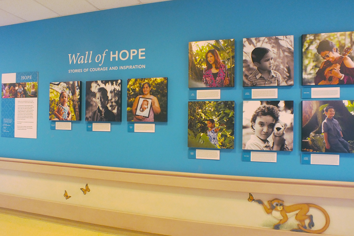 A blue wall displays images and stories of former patients.