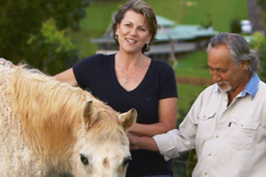 A couple petting their horse