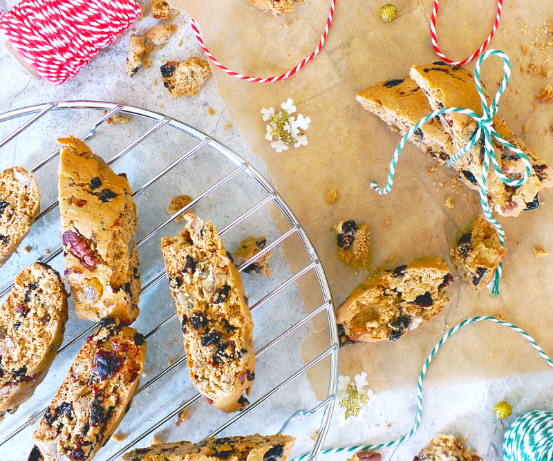 Fruitcake biscotti on a table decorated for the holidays