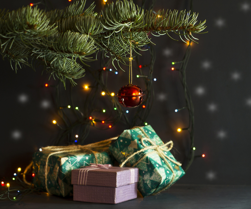 Presents underneath a decorated Christmas tree.