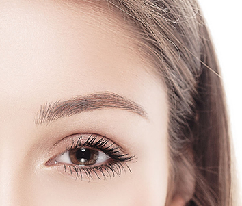 Left forehead of a women with brown eyes and brown hair