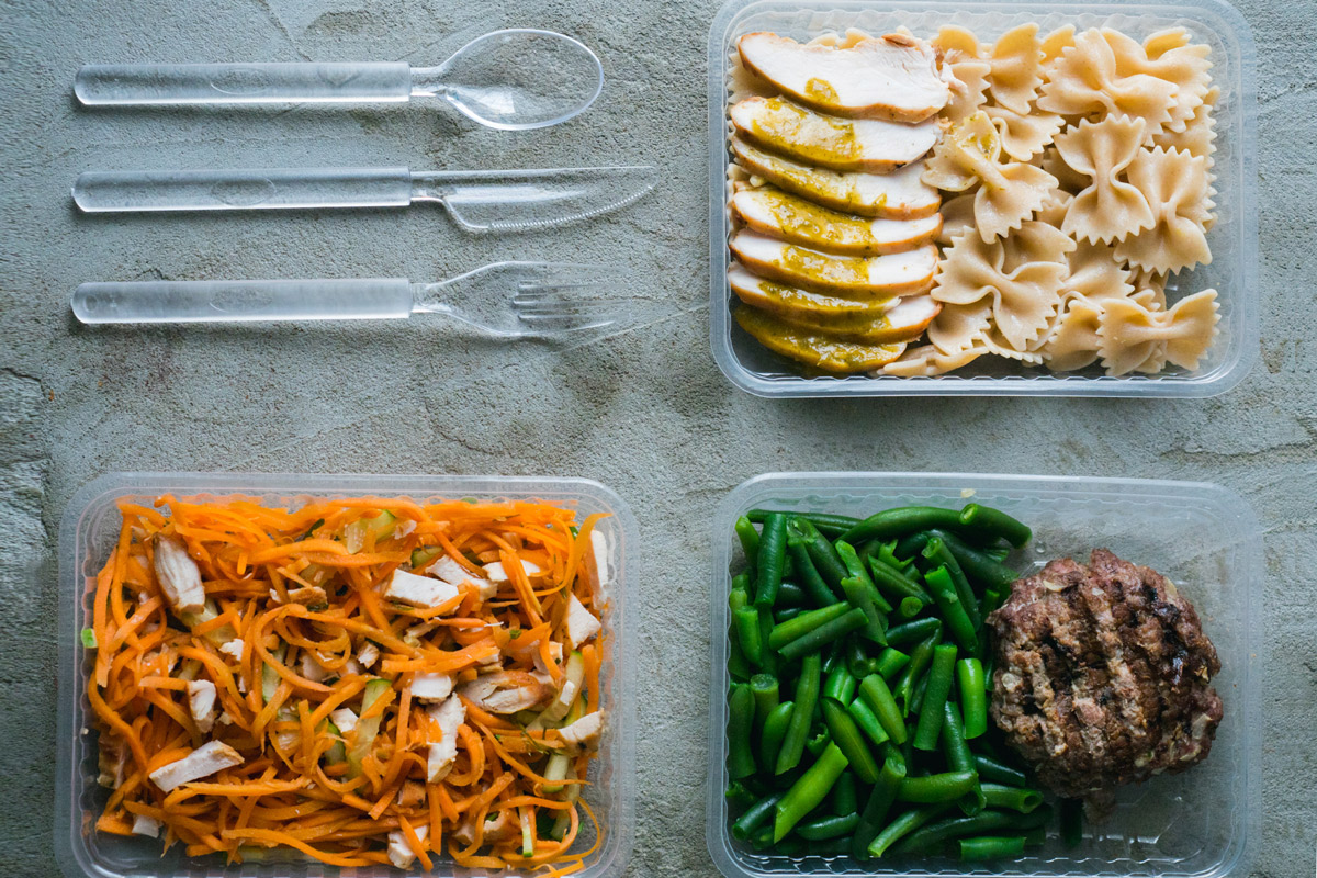 Three meals portioned out into plastic containers