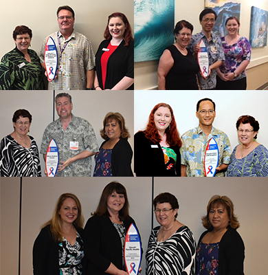 Kaiolani, Pali Momi, Straub, Wilcox and HPH staff holding the American Cancer Society Award