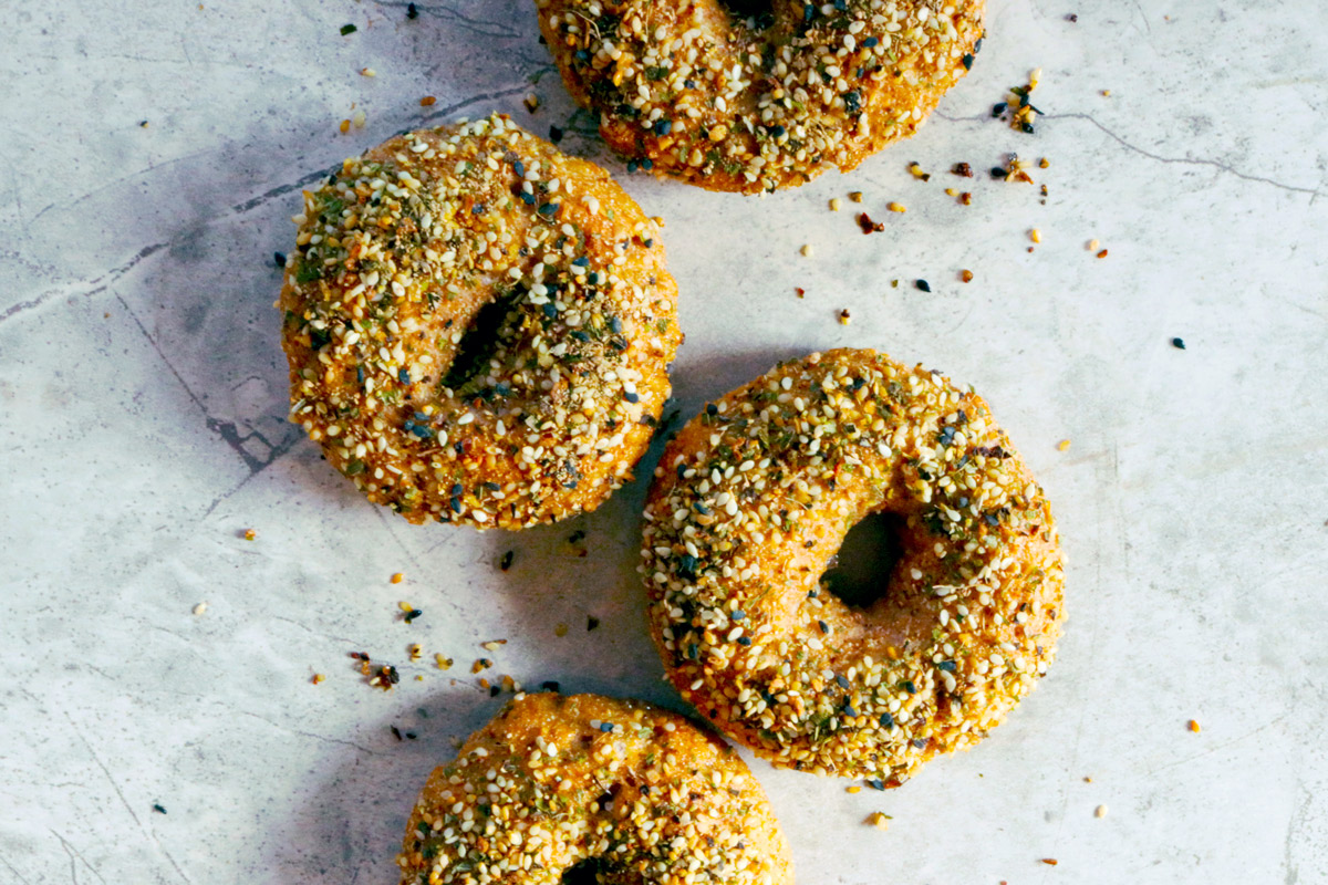 Four Greek Yogurt Bagels sit on a counter top