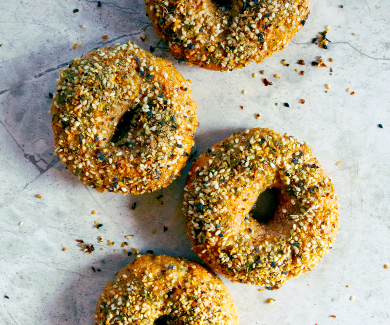 Four Greek Yogurt Bagels sit on a counter top