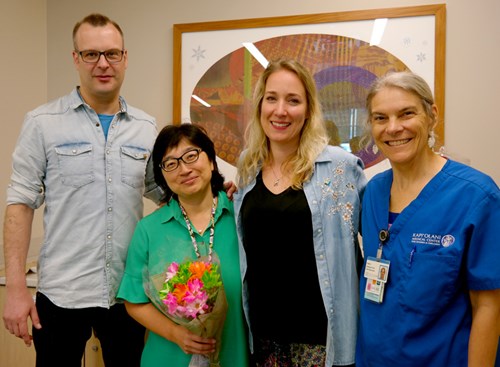 Olli and Sinah paid a special visit to Dr. Men-Jean Lee (second from left) and Patty Clayton (right) during their one-year anniversary trip back to Hawaii.