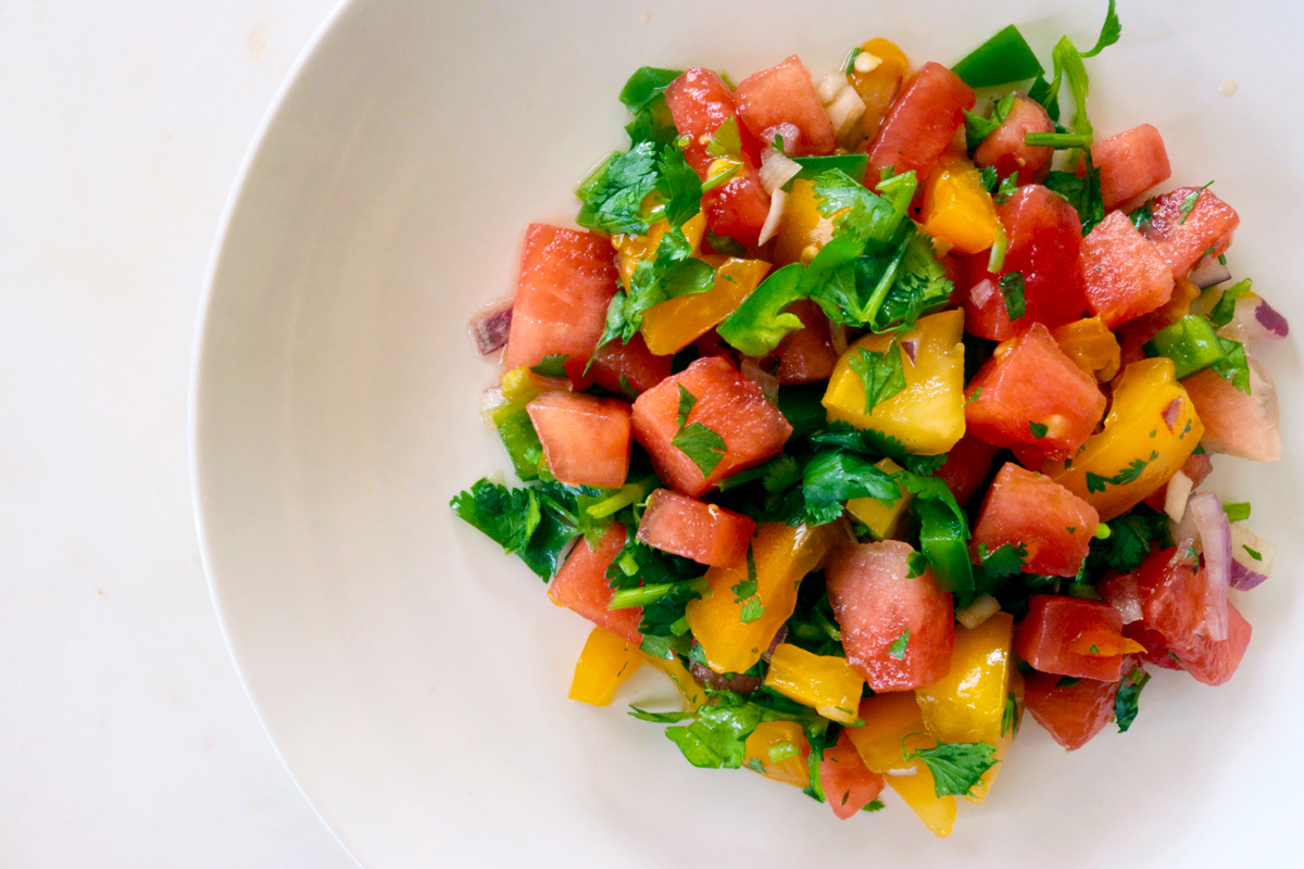 A plate of Watermelon & Tomato Salsa Fresca