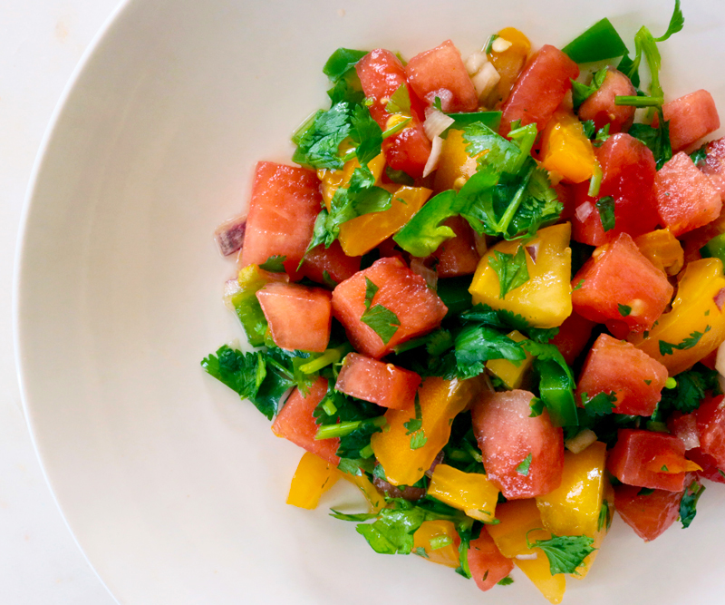 A plate of Watermelon & Tomato Salsa Fresca