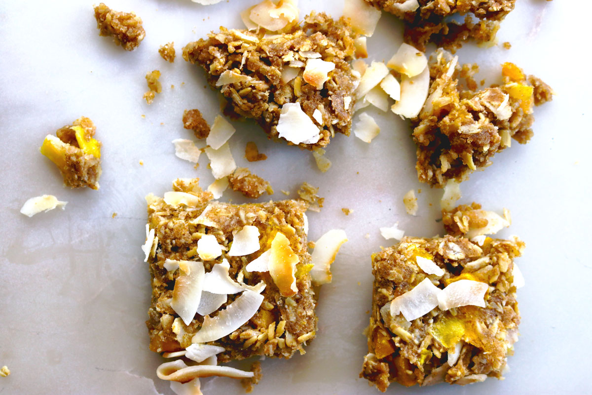 Tropical Breakfast Bar slices on a marble counter top