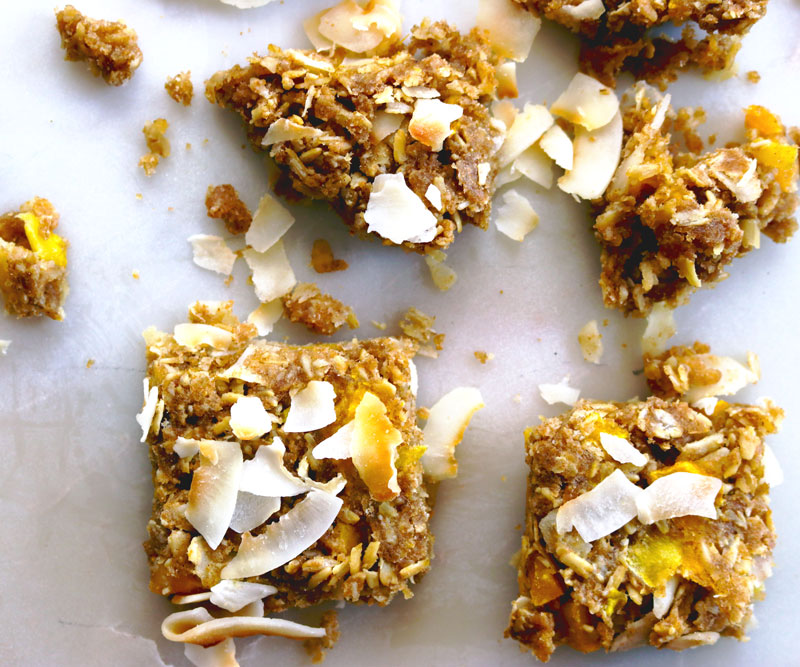 Tropical Breakfast Bar slices on a marble counter top