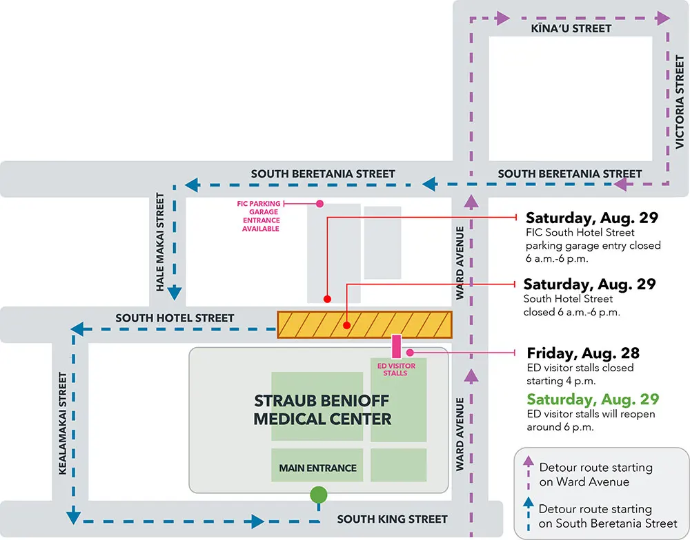 Map showing alternate routes into Straub Benioff Medical Center during construction Aug, 28-29, 2026.