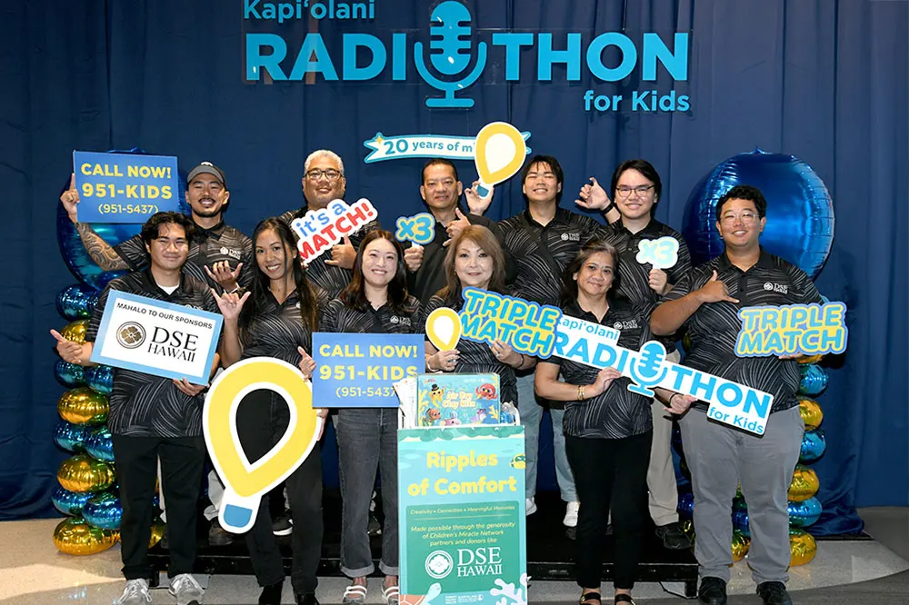 Large group shot of volunteers with signs supporting Kapiolani Radiothon.