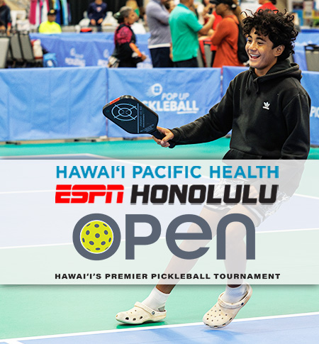 Young pickleball player smiling mid swing in background of HPH ESPN Honolulu Open logo. 