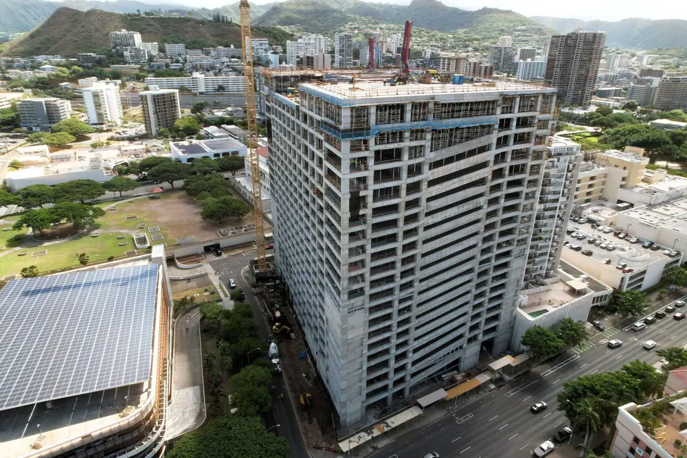 Aerial corner view of the parking building and surrounding Honolulu blocks.